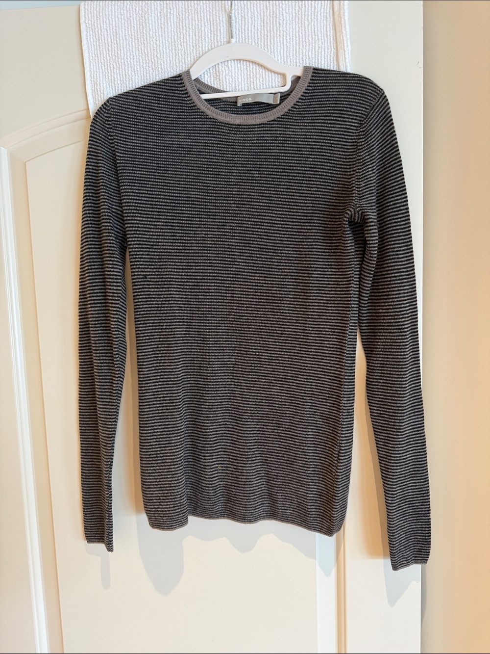 Vince Black and Gray Striped Crewneck Sweater